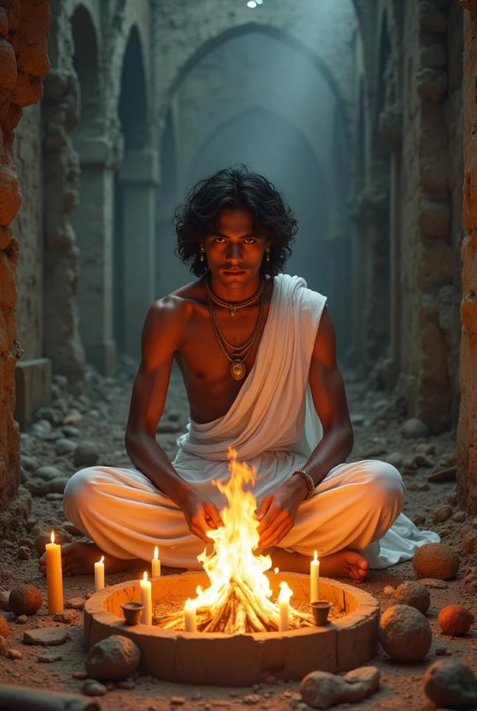 एक खूबसूरत और हैंडसम लड़का जिसने सफेद रंग की धोती वस्त्र पहने हुए हैं और वह एक खंडहर में बैठकर अपने कोई काले जादू की क्रिया कर रहा है उसके आसपास काला जादू का सामान रखा हुआ है और तेज अग्नि प्रचलित है और वह उसमें आहुति दे रहा है वह अपने ध्यान में मगन है उसके चेहरे पर अत्यंत तेज है