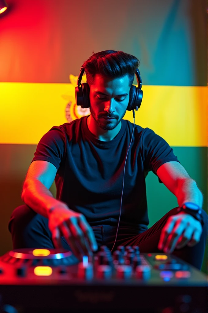 A DJ friend sitting with a background with the Bolivian flag and lyrics that say Radio Hit