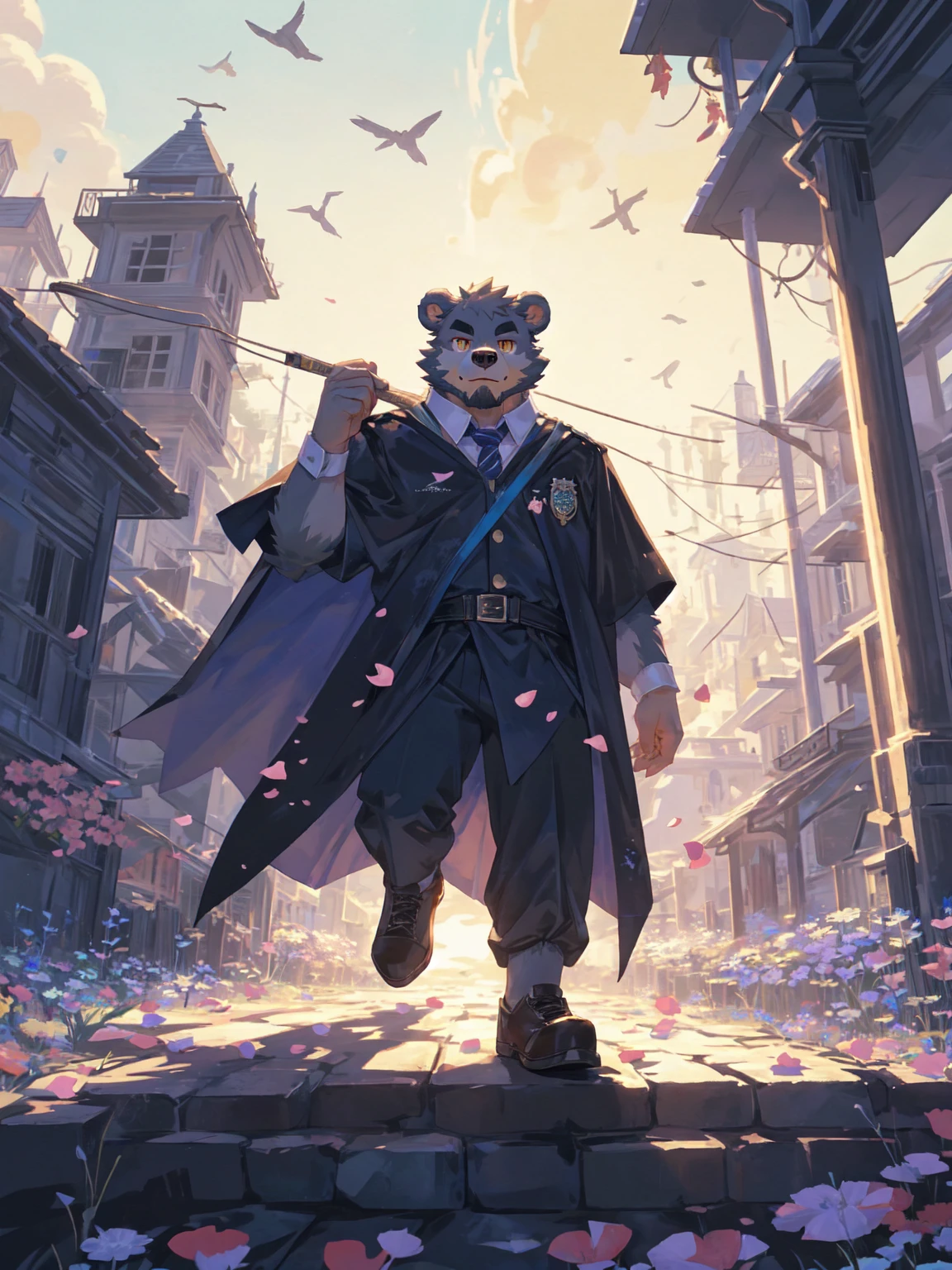 ultra-detailed,extremely detailed and beautiful, sky and white cloud and sunset glow background,ultra-detailed birds, (floating city in bloom, Floating petals, blooming gardens in the sky, many vines on the wall:1.2),Imagination,(masterpiece:1.2), best quality,pixiv,official art,perfect anatomy, (Ray tracing, light),solo, (1_male:1.3) , (muscle), (grey fur:1.4), (muscle bear), (beard:1.2), (gleaming golden eyes), bear tail, full body, Thick black eyebrows, Harry potter style,WIZARDRY UNIFORM,HOGWARTS,cloak,cardigan,shirt,pants,leather shoes,full body,(pure white background: 1.3), looking at viewer,dynamic pose