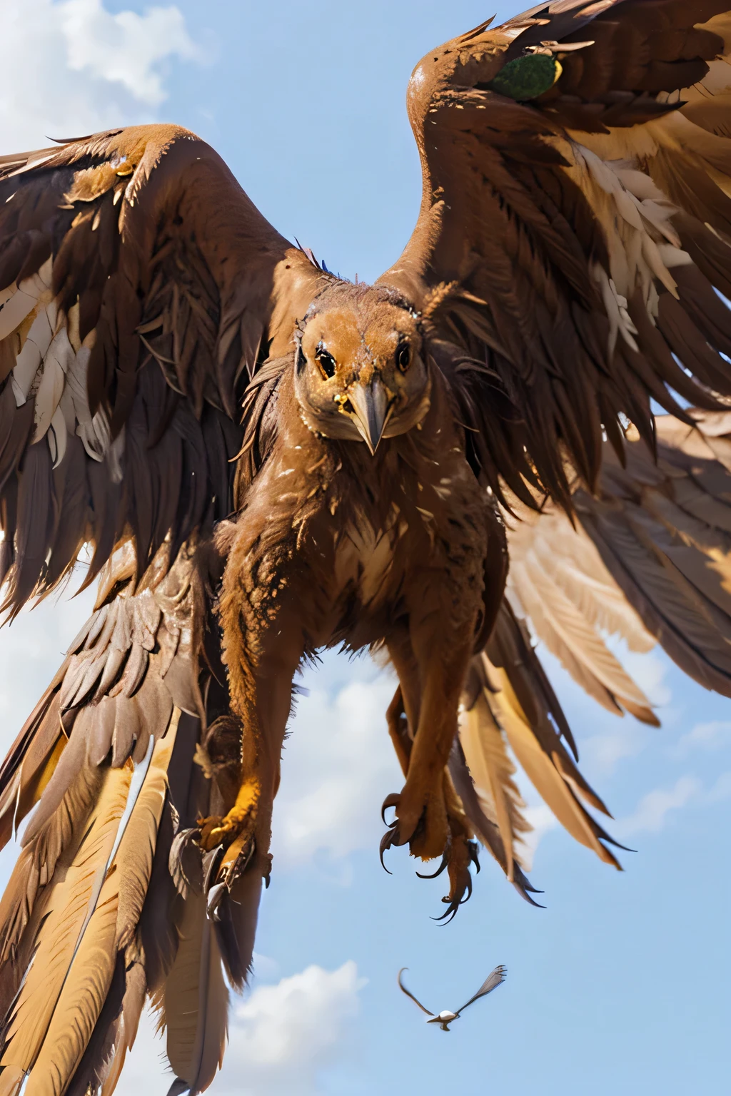 Phoenix spreads its wings and looks down in close-up