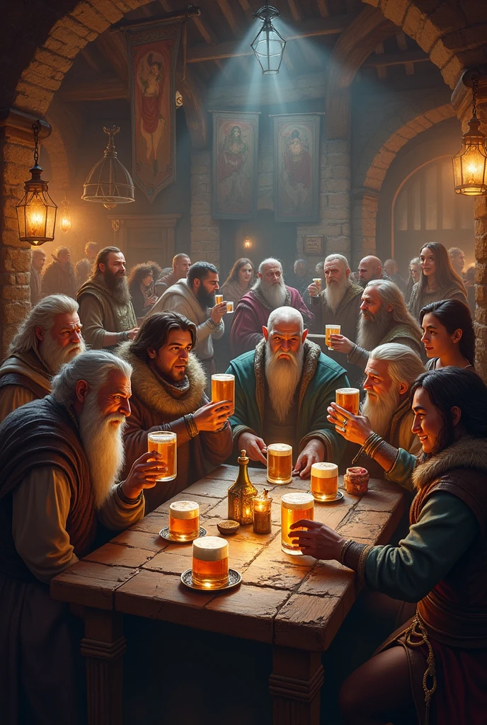 A tavern full of humans, dwarfs and elfs drinking