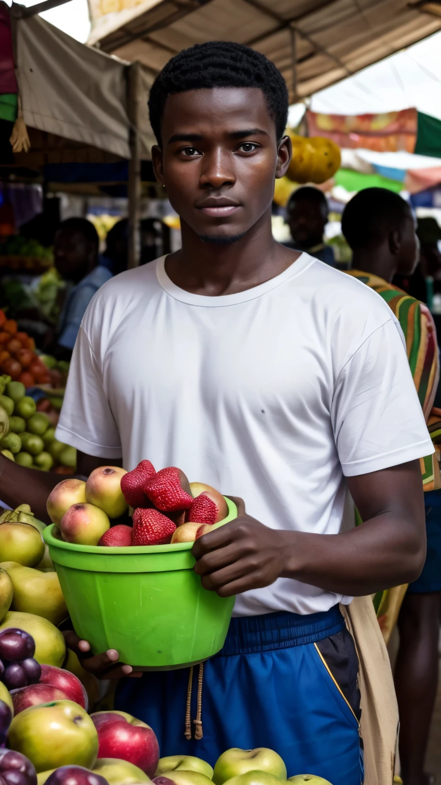 Kofi in the Market: A 19years young boy, Kofi, with dark skin and bright eyes, selling fruits in a bustling African market. The scene is lively with colorful stalls and people moving around. Kofi looks determined as he interacts with a customer.