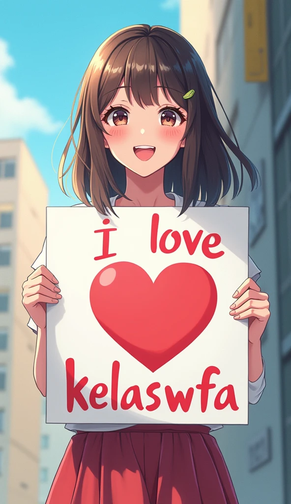 a beautiful and cute woman holding up a sign "i love kelaswfa", joyful, happy, anime illustration, photorealistic, oil painting