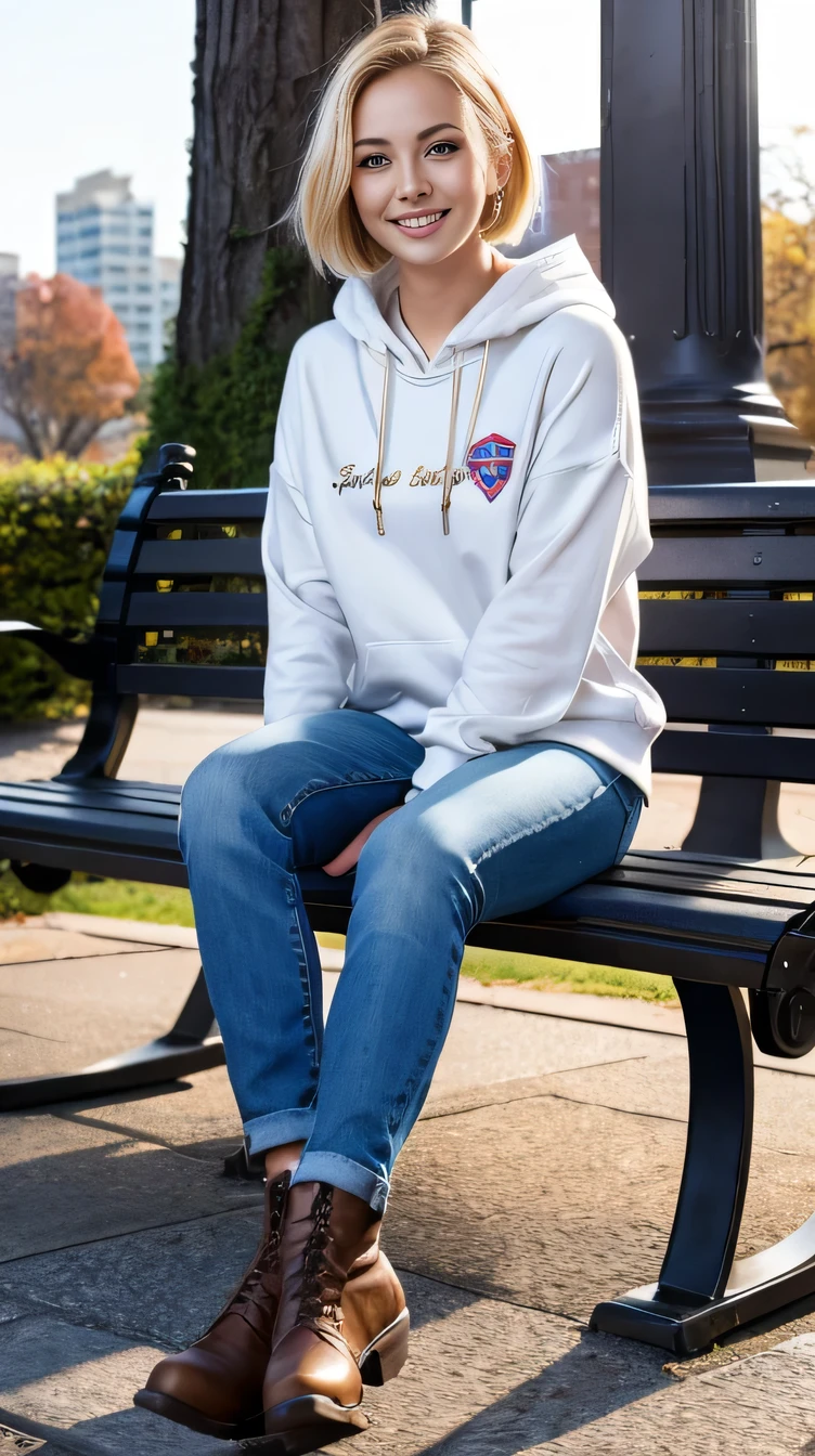 Super Resolution、Beautiful Caucasian Woman、Full body photo、sitting on a park bench、Blonde Hair、blue eyes、Short Haircut、、ear piercing、necklace、hoodie、Skinny jeans、boots、smile、Beautiful teeth alignment
