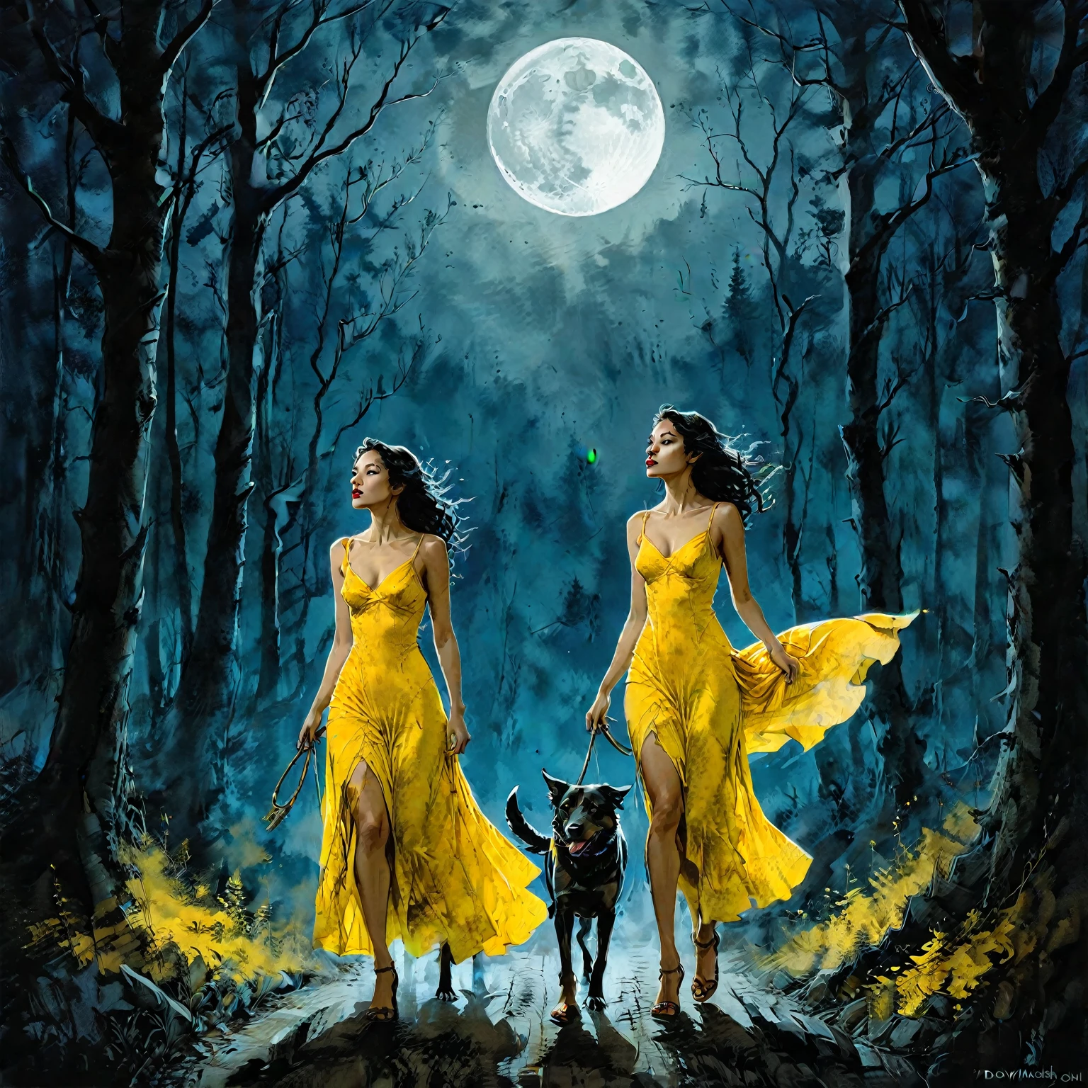 a one woman in a yellow dress is walking with a dog in the woods, inspired by Dave McKean, intricate, yellow magic theme, moon goddess, goddess of the hunt and the moon, in the moonlight, goddess of the moon, beautiful fantasy art, very beautiful fantasy art, the glow of the moonlight, magical and mystical, howling at the moon, fantasy art style, beautiful moonlight night, fantasy art