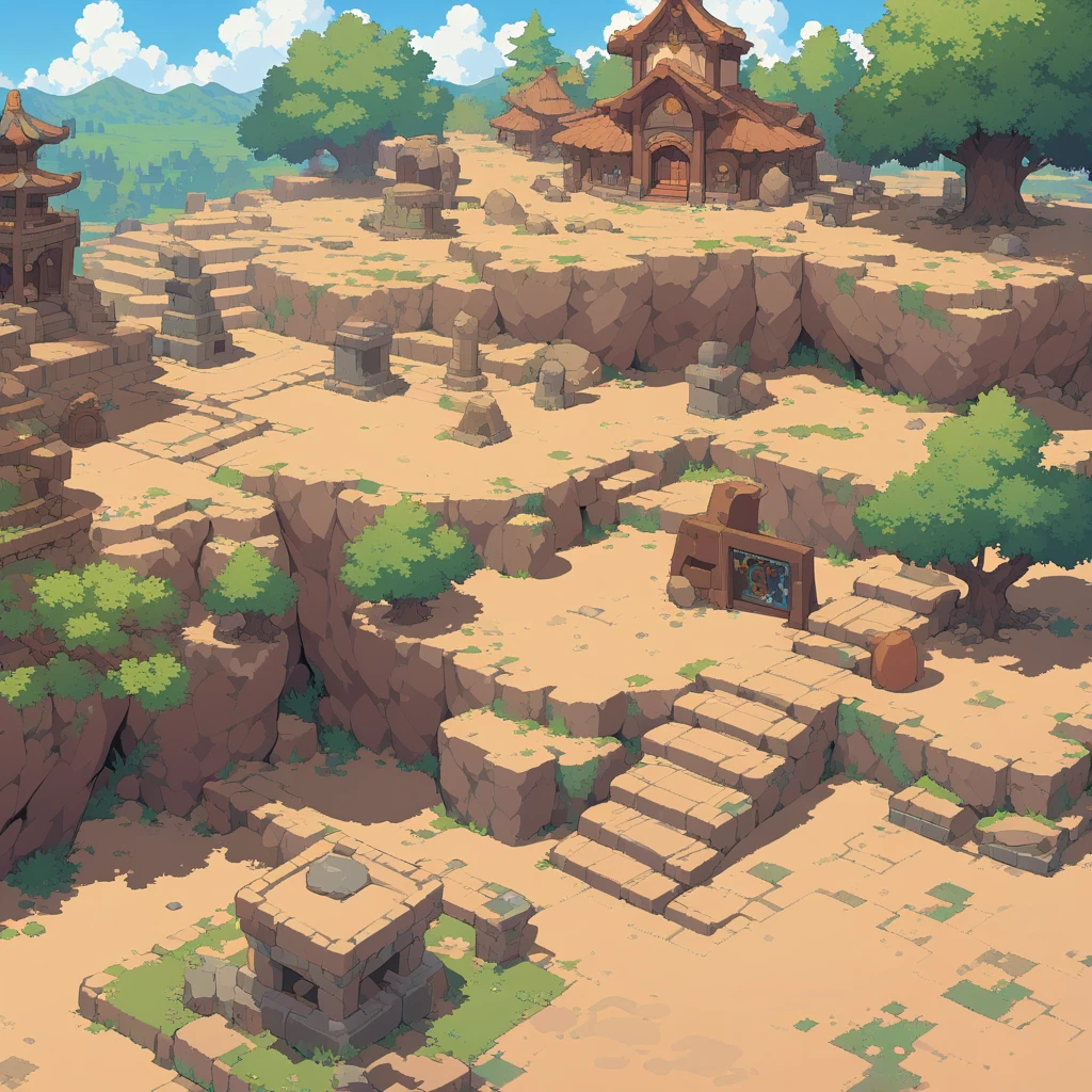 retro video game style,pixelated, vibrant pastel colors,Caracteres de 8 bits,block shapes,Sharp lines,detailed shading,classic game vibe,nostalgic atmosphere,classic arcade games,work of art:1.2,ultra detali,Illustration style, 2d texture, stone texture, 4k seamless mud texture, game texture video, dirt texture, supervised, game blocks, gram, 3/4th perspective trees, 3/4th perspective tileable rock texture, 3/4th perspective tileable cliff formations, tiled trees, top - down view, textura do jogo, game art, tileable texture, very detailed cliff texture, intricate stones, top down view, 3/4th perspective, sand pieces, tiles with cracks and debris, tiled tiles, stone stairs, sidewalk, wood door, wood fence, 3/4th perspective stone statue, power lines, 3/4th perspective wooden bridge, 3/4th perspective tileable dangeun, cavern, cavern de mostros, RPG