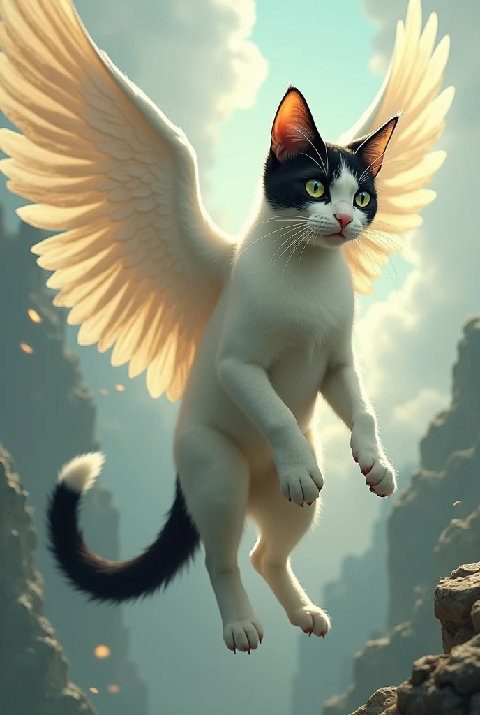a white cat, black tail with white tip, It has a large black spot that runs from the forehead down to the tip of the nose.. his nose is black. He also has a black mole above the right side of his mouth., Saying goodbye entering heaven. The cat that has wings. His eyes are between green and yellow.