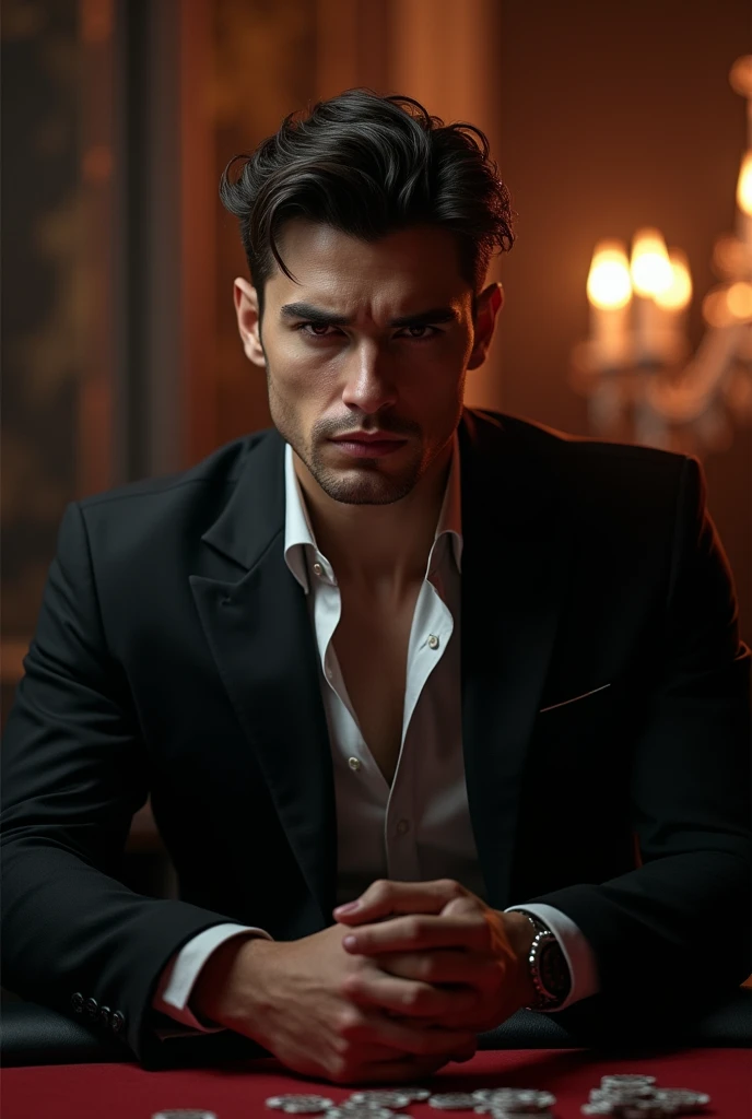A young man between 27 and 30 years old with a serious, slightly malevolent look that shows power, sitting in a very dark casino