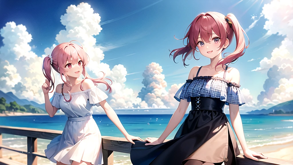 ((masterpiece、Highest quality、There is only one woman、Frame In、High resolution))、Pink Hair、Side ponytail hair、Chiffon skirt、easide、Sandy Beach、horizontal line、blue sky、Off-the-shoulder shirt、Checkered clothing、university student、smile、Cowboy Shot