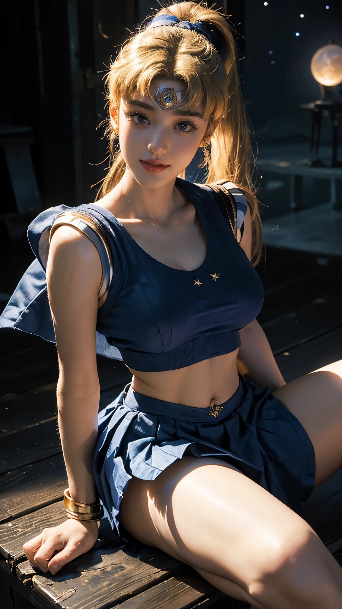 Highest quality, masterpiece, Ultra-high resolution,8k,((Blue Sailor Moon Cosplay Portrait:1.4)),((Detailed face:1.4)), (Realistic:1.6), ((Sparkling Smile)), RAW Photos、((Pleated mini skirt)),((Nipples seem to be visible)),1 person,Omotesando,A slim 26-year-old adult woman,(Full of smiles, )) ,((Blonde ponytail and hair tie)),((Ribbon in hair)),((Looking up at the audience)),Face Focus:1.4,((Moonlit sky captured with a fisheye lens、Shooting from below:1.2))