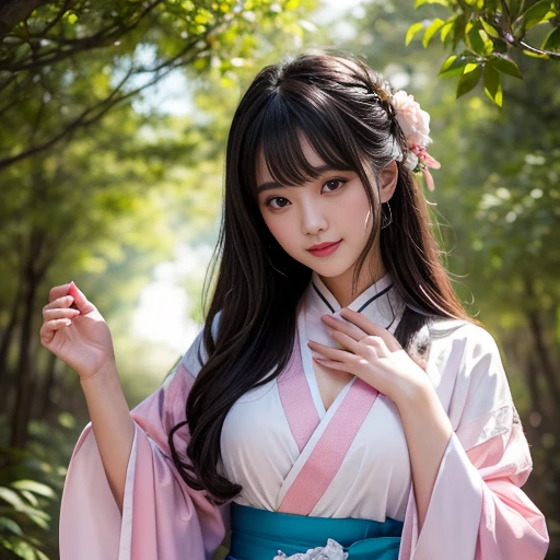 best quality, Delicate face，beautiful visual work, lifelike, eternity, black hair, Long curly hair, blunt bangs, Smile, Detailed Background, Delicate face，blush，cold，((masterpiece))、(top quality)、8k、high detail、Super detailed，41-year-old female，身穿唐制Hanfu、waist skirt, Clothes are light and fluffy，Hanfu, wide sleeves, Transparent sleeves, Tunic, Clothes made of chiffon, masterpiece、born、Scenes resembling fairy tale illustrations、intricate details和複雜的設計、Beautifully、magic、capricious、 Beautifully、Dream aesthetics、「𝓡𝓸𝓶𝓪𝓷𝓽𝓲𝓬、ethereal、charming、fickle、magic」、realism、Visual effects、FXAA、SSAO、Shader、voiceless、ambient lighting、Tone mapping、High resolution、Ultra high quality、Million pixels、(8K resolution:1.10)、8k、8k以下、8K resolution、high detail、intricate details， (high quality:1.2、masterpiece:1.2、:1.21)、(41-year-old female:1.21)、(興奮地Smile)、(被dream般的氛圍所包圍、Model diagram，full-body shot，Normal 2 feet，Put your hands behind you，The protrusion of the breast is visible when wearing clothes, Large Breasts, H cup chest, antiquity, Xian Xia, gauze clothes, Soft and fluttering, Fairy, dream, fantasy, light, Elegant, nature, Immortal, romantic, classical, ribbon, pink clothes, in tall woods, In the woods like a martial arts drama, Don&#39;t show your fingers, full-body shot，floor length skirt, full-body shot，full-body shot，full-body shot，full-body shot，full-body shot，full-body shot，full-body shot，hands hidden in clothes, hands hidden in clothes,hands hidden in clothes,hands hidden in clothes,hands hidden in clothes,hands hidden in clothes,hands hidden in clothes,hands hidden in clothes,hands hidden in clothes, ,hands hidden in sleeves ,hands hidden in sleeves ,hands hidden in sleeves ,hands hidden in sleeves ,hands hidden in sleeves ,hands hidden in sleeves ,hands hidden in sleeves ,hands hidden in sleeves, arms behind back, arms behind back, Transparent sleeves, Transparent sleeves, Transparent sleeves, Transparent sleeves, Transparent sleeves