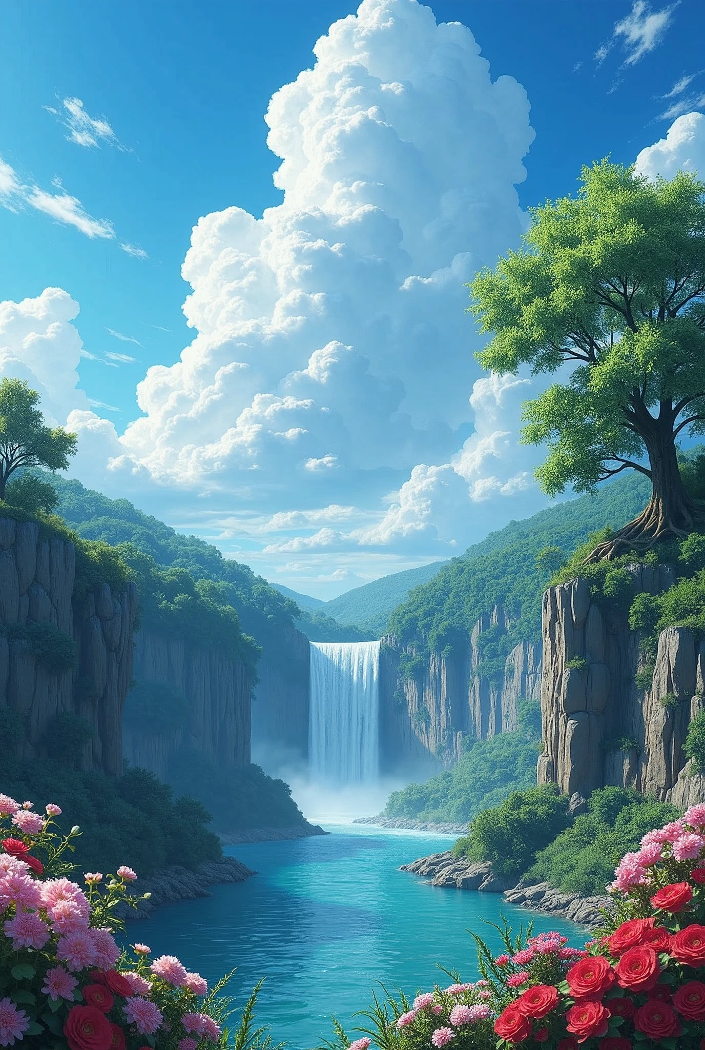 tatsumaki, One punch man,work of art, best qualityer, high qualiy, extremely detaild 8k CG unit wallpaper, cenáRiu, open air, sky, nube, giorno, water, tree, blue sky, waterfall, cliff, naturey, lake, Riu, nubey sky, rewarded photography, bokeh, Depth of field, HDR, flowers, Chromatic aberration, photorrealistic, extremely detaild, trend in artstation, tendência na cgsociety, intrikate,  high détail, Dramatic, art halfway through the trip