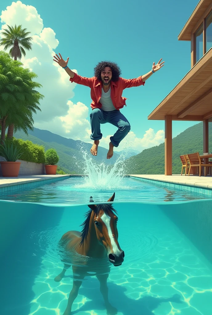Charly Garcia jumping into a pool and Bojack under the pool