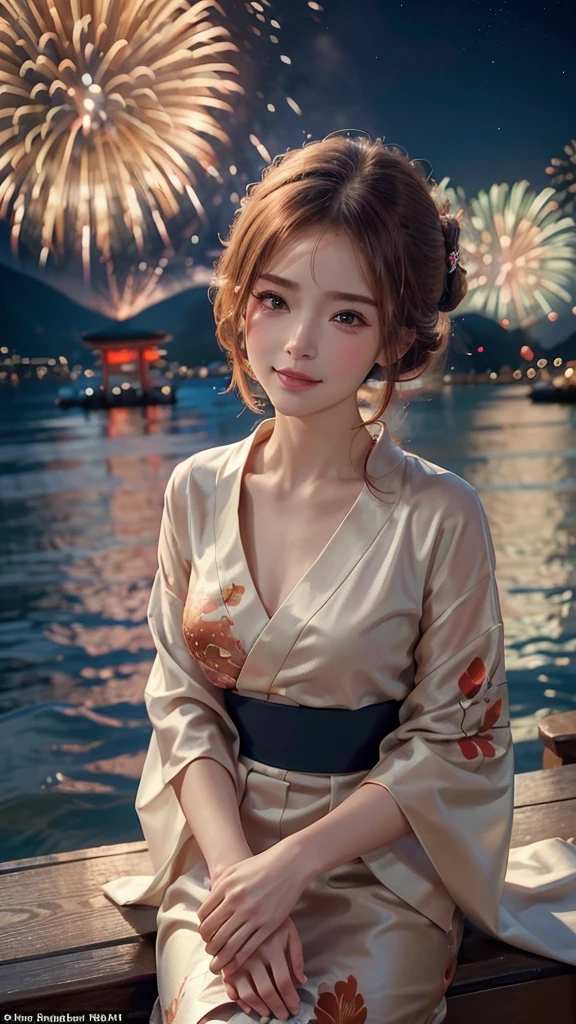 ((A realistic image of a girl watching a fireworks display at Miyajima,8K)),
The girl is facing the camera,
The sky is filled with colorful fireworks,
Fireworks are reflected on the water's surface,
The girl is wearing a traditional yukata with a red and blue goldfish pattern,
Her hair is styled in an elegant updo,
The angle includes a view of Itsukushima Shrine in the background,
The aspect ratio is 9:16,
The scene captures the festive atmosphere, with vibrant fireworks lighting up the night sky over the water