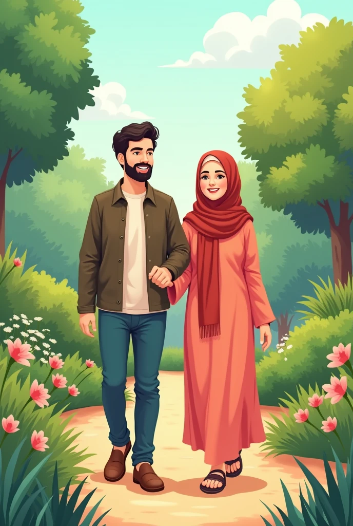 man and women with hijab cartoon with shoes walk at garden happily