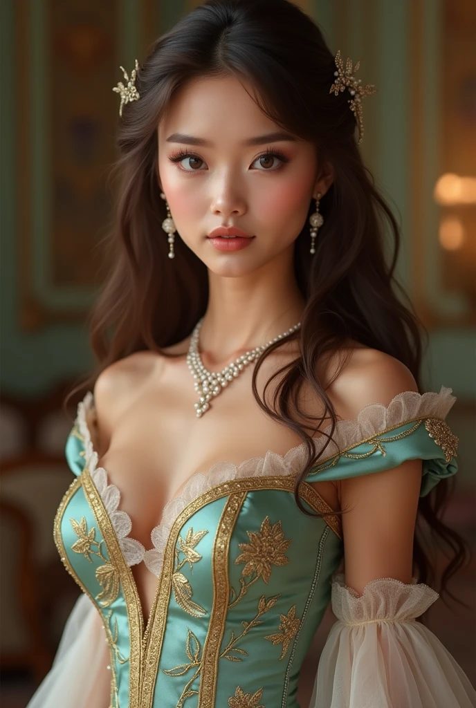 The princess has an appearance that combines elegance and sophistication. Seu cabelo, long and shiny, is of a rich tone, like deep brown, golden blonde or intense black, and falls in loose waves that frame her face. It can be adorned with a tiara or a subtle crown., decorated with pearls or small precious stones.
His face is delicate and well defined, with slightly prominent cheekbones and clear, flawless skin, that reflects a healthy glow. Your eyes are big and expressive, having a tone that can vary between deep blue, Emerald green, or warm brown. They convey intelligence and kindness, with long, arched eyelashes that accentuate your expression.
The princess wears an elegant and detailed dress, usually made of luxurious fabrics such as silk or velvet. The dress can be a sophisticated shade like royal blue., Pale pink, Emerald green ou dourado. The piece has a refined cut, with a fitted bodice and a skirt that opens into voluminous layers, providing an effect of fluidity and movement. The dress is often adorned with intricate gold thread embroidery., silver and precious stones.
She wears accessories that complement her outfit., like a pearl or gemstone necklace and delicate earrings, that enhance your appearance without weighing it down. The princess can also wear elegant gloves and refined shoes that match her dress..
His bearing is graceful and erect, with a smooth, confident gait that reflects his nobility and dignity. The aura she emanates is one of calm and authority., blending softness and strength harmoniously.