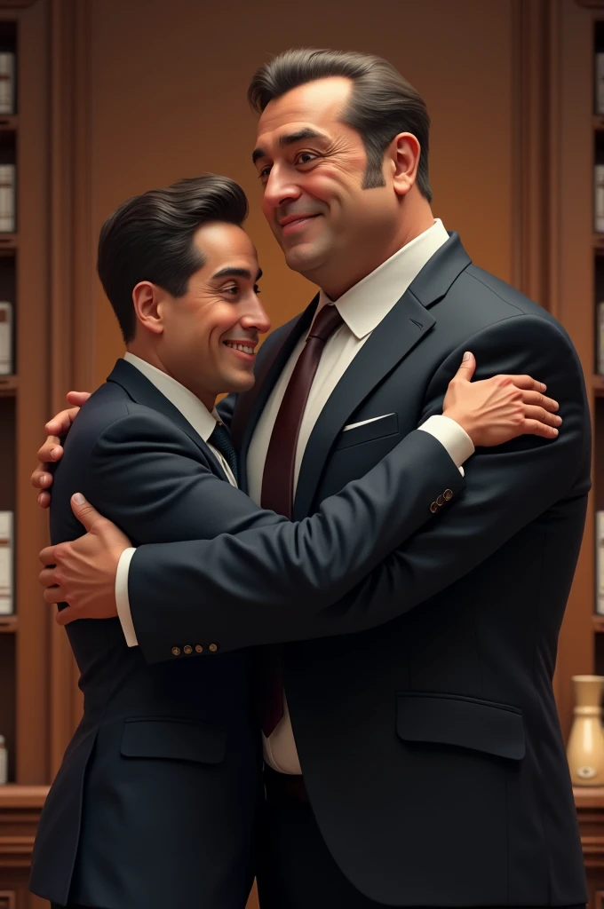 Lawyers hugging each other, one bigger than the other ,The short lawyer is called Rodrigo and the tall Julio 
