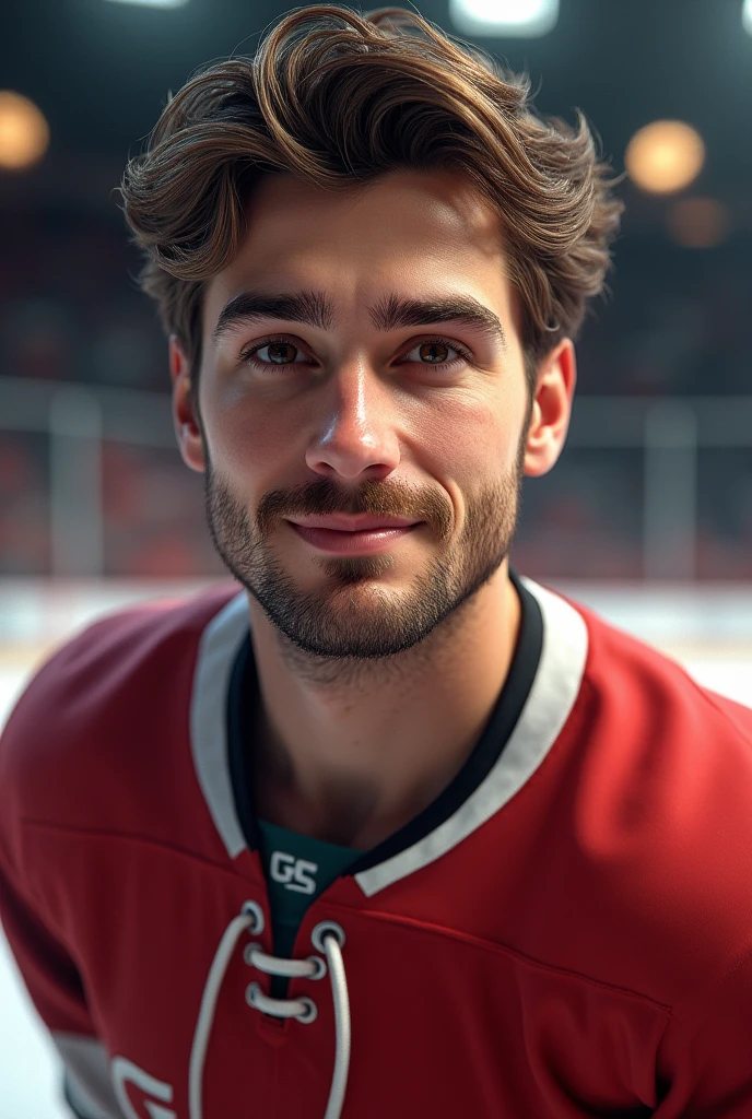 A male college hockey player, Youngh, Of medium height, broad shoulders and defined muscles that are marked by the shirt. Even with a beard, I can see the square jaw, brown dark eyes, dimples and well-defined cheekbones, features similar to actor Conor Kit, brown hair and thick eyebrows, aspecto mais Youngh, slightly wavy hair and cut like actor Kit Connor, nice and friendly face