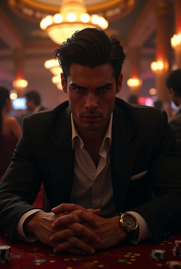 A young man between 27 and 30 years old with a serious, slightly malevolent look that shows power, sitting in a very dark casino