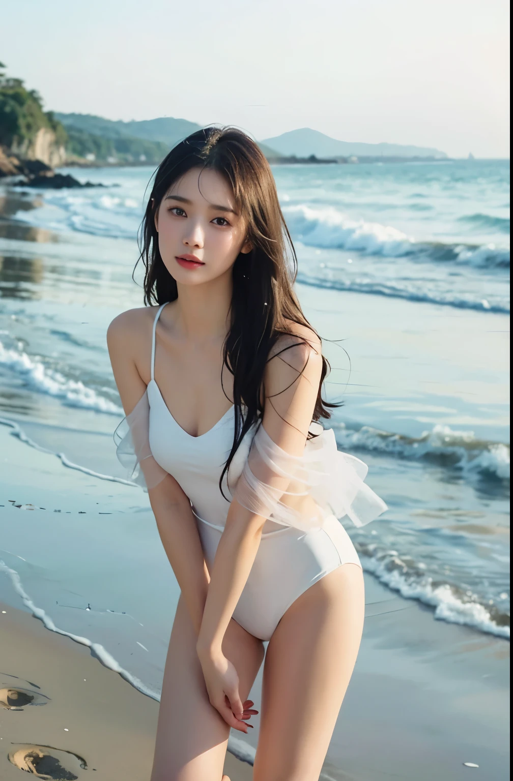 A photorealistic image of a young woman with long wet black hair and soft, radiant skin, standing on a beach during a misty morning. she wearing white swimsuits. with water droplets on her skin, highlighting her delicate features. Her deep eyes and subtle makeup enhance her natural beauty, complemented by the serene, soft blue background of the sea and sky. The atmosphere is tranquil and slightly moody.
