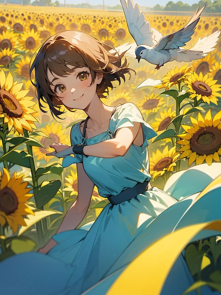  master piece, best quality, for below, cinematic angle, upper body , pigeon toed,  
Anime-style Moe illustration, summer vacation theme, 20-year-old woman, sunflower field, short hair, 
Picnic Maxi Dress, slightly inner thighs, smile, accurate drawing, Active pose, Active Angle, 