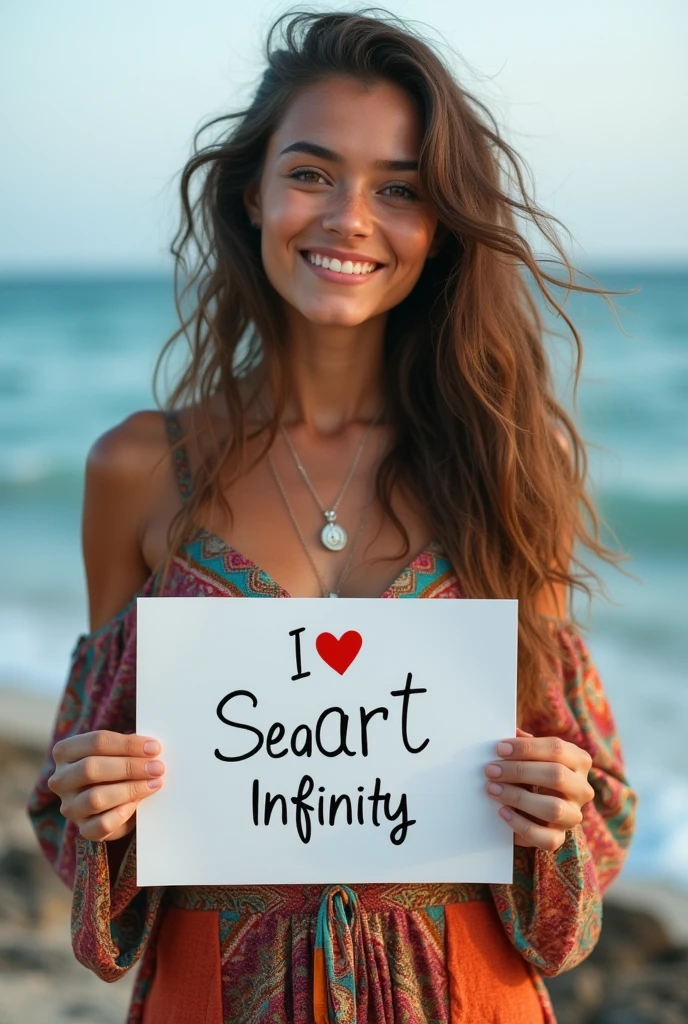 Beautiful girl with wavy long hair, bohemian dress, holding a white board with text "I Love Seaart Infinity" and showing it to the viewer