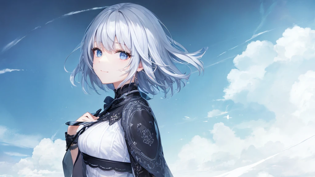Ultra HD,Look at the viewers, Place your hands behind your back, With a girl, 20-year-old, 非常にshort hair, Long bangs between the eyes, Pale blue eyes, Very detailed,(masterpiece、Highest quality),Gray Hair、Laughter、wonderful, Silver Hair, iris, short hair、 Fluttering Hair、Small face、明るいsmile、(Detailed face) ,Professional Lighting,wonderful風景,blue sky, sunlight,Looking down from above,Portraiture、Open your mouth、Flower Field、Her eyes were shining、Mysterious and enchanting atmosphere。With AI Painting、とてもshort hair, Long bangs between the eyes, Very detailed,(masterpiece、Highest quality)、alone、Gray Hair、Fantasy, Silver Hair, Fantasyな風景、smile、Open your mouth、short hair、short hair、hairpin、black eye、Grey Eyes、Beautiful Eyes、Black Shirt、White hoodie