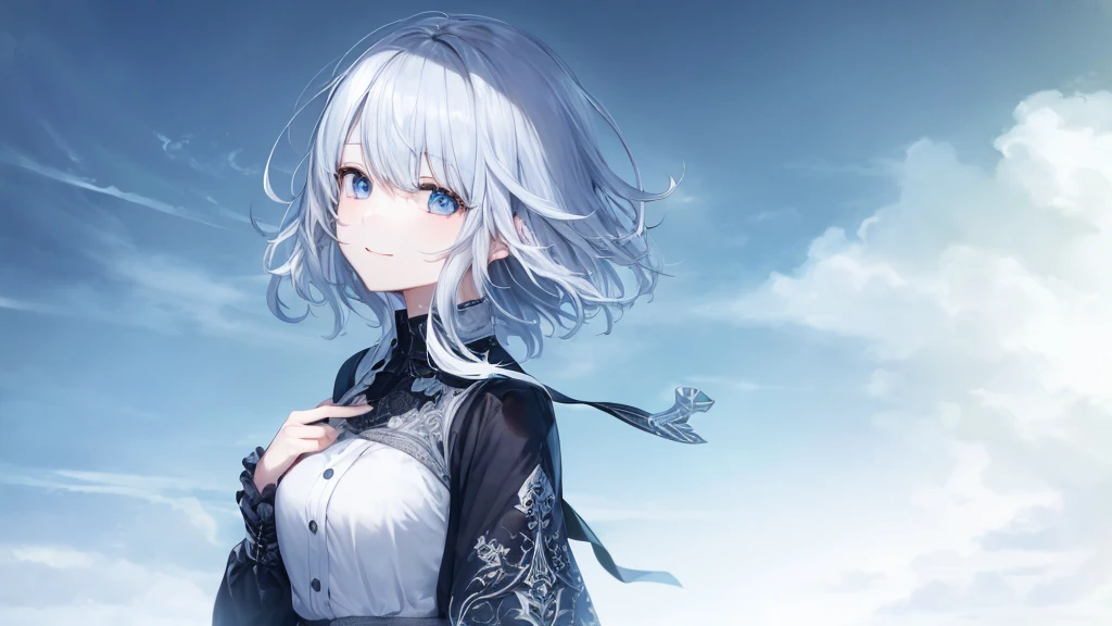 Ultra HD,Look at the viewers, Place your hands behind your back, With a girl, 20-year-old, 非常にshort hair, Long bangs between the eyes, Pale blue eyes, Very detailed,(masterpiece、Highest quality),Gray Hair、Laughter、wonderful, Silver Hair, iris, short hair、 Fluttering Hair、Small face、明るいsmile、(Detailed face) ,Professional Lighting,wonderful風景,blue sky, sunlight,Looking down from above,Portraiture、Open your mouth、Flower Field、Her eyes were shining、Mysterious and enchanting atmosphere。With AI Painting、とてもshort hair, Long bangs between the eyes, Very detailed,(masterpiece、Highest quality)、alone、Gray Hair、Fantasy, Silver Hair, Fantasyな風景、smile、Open your mouth、short hair、short hair、hairpin、black eye、Grey Eyes、Beautiful Eyes、Black Shirt、White hoodie