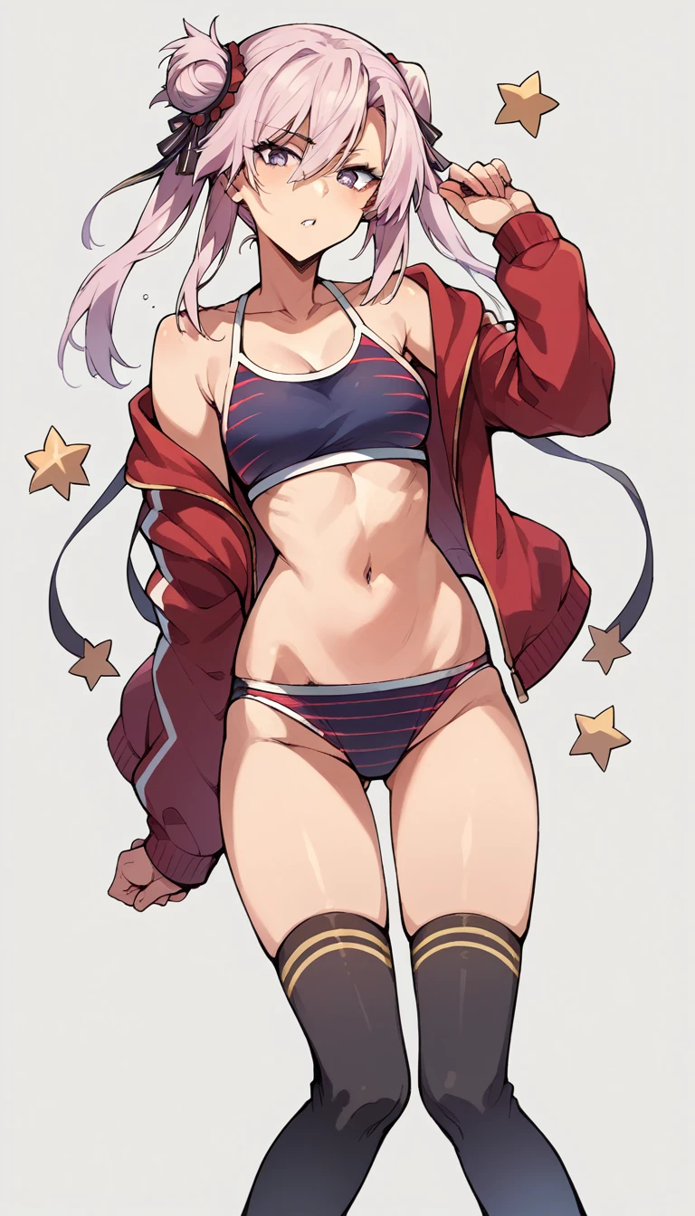 Musashi Miyamoto,Stars and Stripes Swimsuit,Slender and sexy woman,Pink Hair,Side bun hair,belly button,Black knee socks,Black thigh-high socks,
