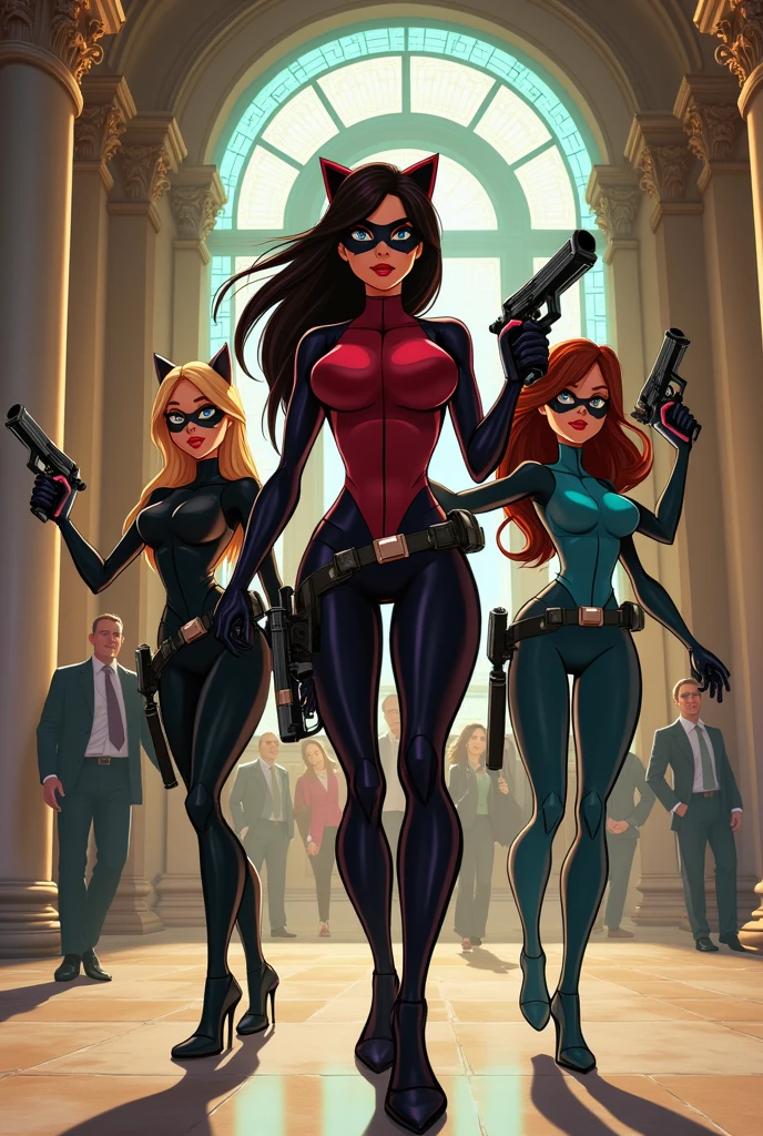 3 famme qui font un braquage dans une banque en tenue de totally spies avec des pistolet
