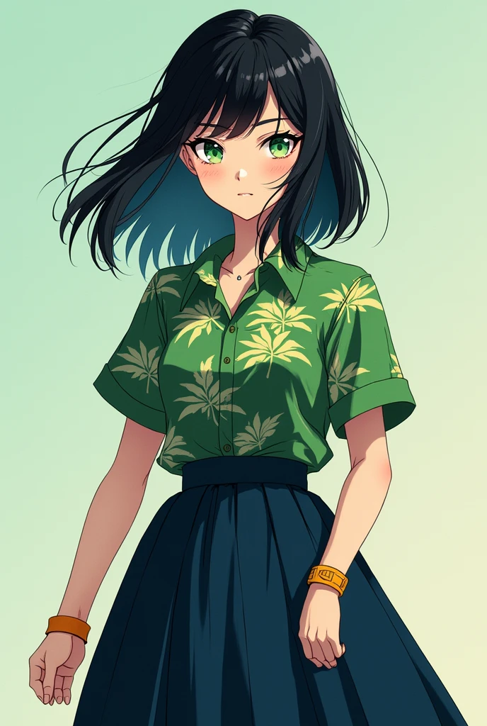 A green leaf patterned shirt, shoulder length black hair, green and light blue gradient eyes, an orange bracelet on her right hand, and a long navy blue skirt with a wave pattern