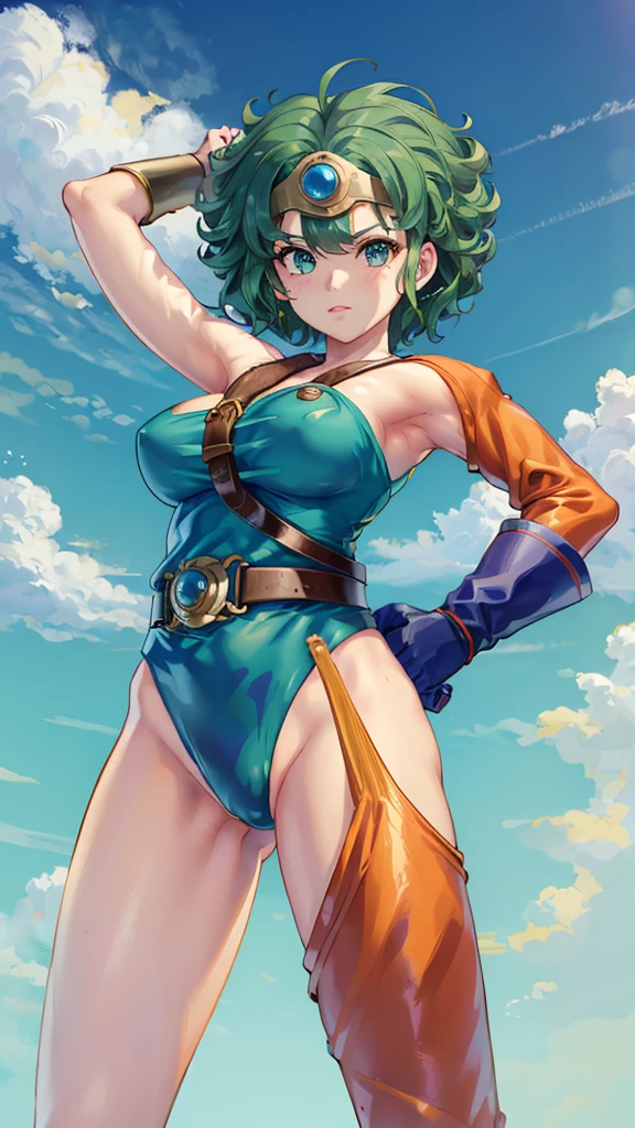 (((SFW、sound、Highest quality、Top notch work、Normal body、、Detailed face、Ultra-precision、Normal hand、のrefer、5refer、Highest)))、beautiful girl、Green Hair、yamato nadeshiko、Small breasts、Shortcuts、Blue leotard、Muscular、Red Cape、Circlet、Dragon Quest、Female Heroes、 Fight、Fight準備完了、Sweep with a sword、Please put your hands together in front of you.、Place your hands behind your back、Please put your hands on your hips、cover your chest with your hands、((Executed perfectly:Frame yourself from head to toe,Standing posture,Draws in great detail、There is no anatomical problem))、forest