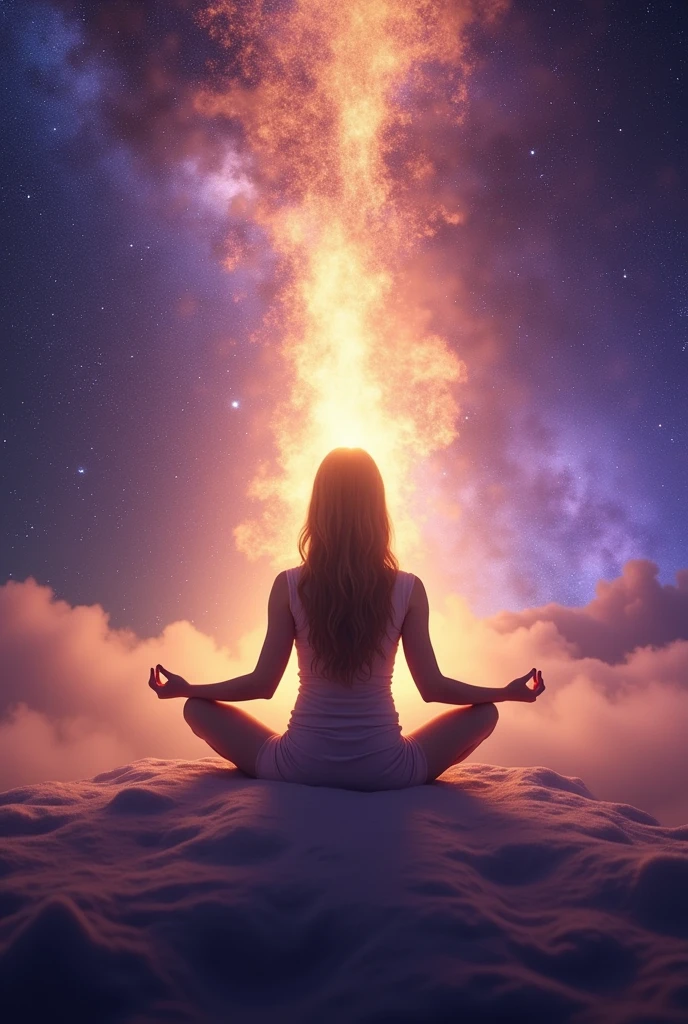 People who meditate in extreme positions have bright, white-gold auras that float, with a background of the universe and space that is purple and blue. 


