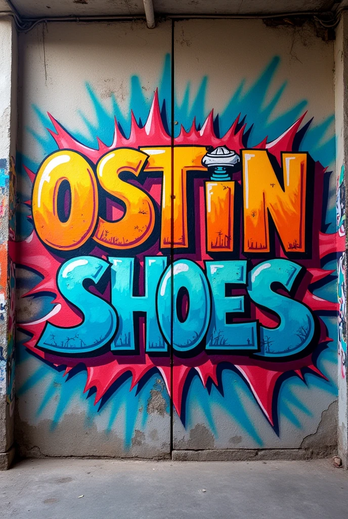 Crear graffiti que diga OSTIN SHOES y represente sneakers 
