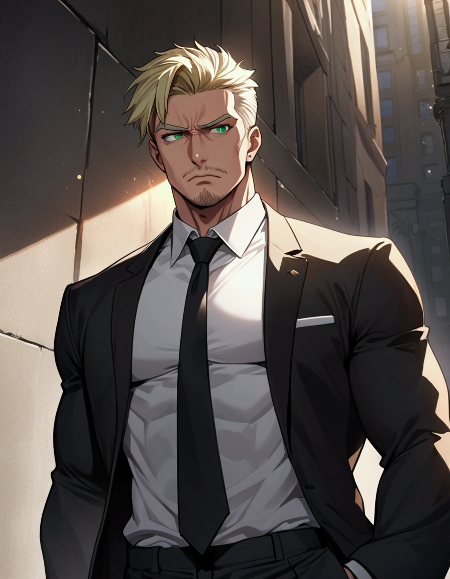 1man, veteran spy agent, tough mature, business hair with short asymmetrical bangs, little goatee, green platina blond hair, emerald eyes, BREAK 40yo, charming caucasian, slightly long chiseled face, deep set, angular jaw, facial wrinkles, crewcut, BREAK ideal ratio body proportions, toned muscular, beautiful detailed eyes, elder hero, best eyes, bara male, BREAK solo, funeral black suit, black necktie, white shirt, at wall street, detailed background, gloom, cool expression, natural standing, looking away, BREAK upperlegs, dramatic expression, in korean illustration style, masculine comic art, 2010s, retro visual novel, in newest eroge style, dutch angle, cinematic shadows, cinematic lighting, lens flare, light leaks, texture, absurdres absolutely resolution, extreme all detailed, greatest painting, BREAK masterpiece, best quality