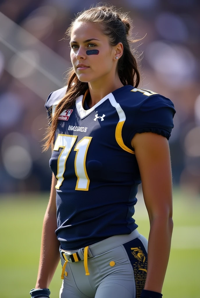 an offensive lineman for the James Madison university female football team. Number 71