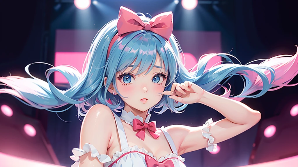 A retro anime-style illustration of a young woman with short, light blue hair, wearing a white dress with a large red bow at the back. She holds a pink microphone in one hand and looks over her shoulder with a confident, charming expression. The background features a silhouette of her performing, adding a sense of depth and nostalgia. The color palette is soft with pastel blues, reds, and pinks, evoking a classic 80s anime vibe. The overall mood is stylish and reminiscent of vintage idol singers.