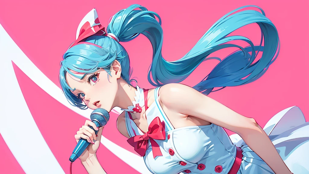 A retro anime-style illustration of a young woman with short, light blue hair, wearing a white dress with a large red bow at the back. She holds a pink microphone in one hand and looks over her shoulder with a confident, charming expression. The background features a silhouette of her performing, adding a sense of depth and nostalgia. The color palette is soft with pastel blues, reds, and pinks, evoking a classic 80s anime vibe. The overall mood is stylish and reminiscent of vintage idol singers.