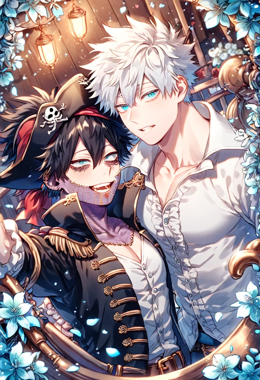 absurdres, highres, ultra detailed, HDR, master piece, best quality, extremely detailed face, delicated features, Dabi, black hair, expressive turquoise eyes, Boku No Hero Academia, Gojou Satoru, white hair, expressive blue eyes, white eyelashes, two sexy men together, yaoi, gay couple, handsome, manly man, pirate clothes, pirate hat, pirates, accessories, fantasy, magical, inside a pirate ship, petals, flowers