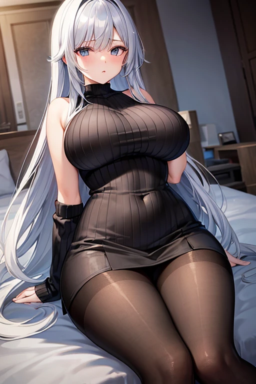 Big Breasts Vertical knitwear Black Pantyhose Silver Hair long hair High resolution masterpiece Highest quality