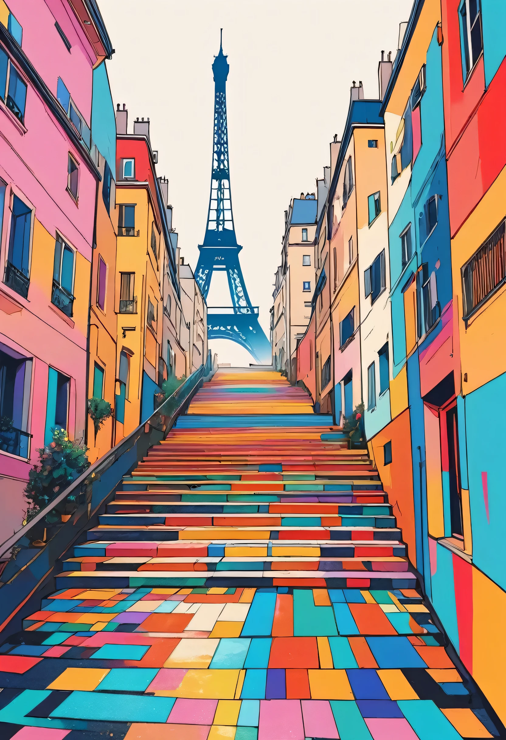 12stairs colorful style, Simple Line Initialism,Abstract art,(((Paris cityscape))), (((No people)))