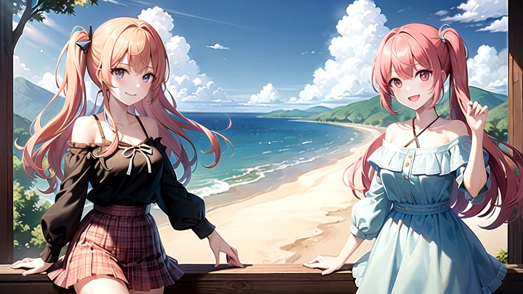 ((Masterpiece、Highest quality、There is only one woman、Frame In、High resolution))、Pink Hair、Side ponytail hair、Chiffon skirt、East Side、Sandy Beach、Horizontal line、blue sky、Off-the-shoulder shirt、Checkered clothing、university student、smile、Cowboy Shot