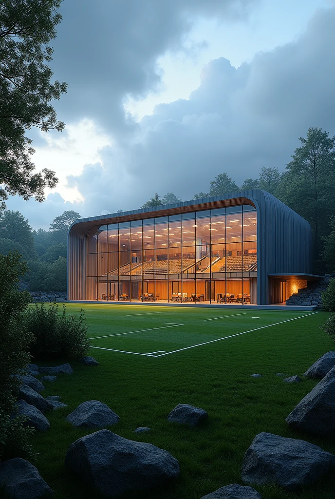Owl’s Nest Stadium is a cozy venue in Yorkshire with a 10,000-seat capacity. Its modern design features an attractive facade and clear views of the pitch through glass panels. The stadium includes comfortable seating, food and drink areas, and press facilities. Surrounded by green spaces, the stadium offers a vibrant matchday atmosphere and is beautifully illuminated at night.