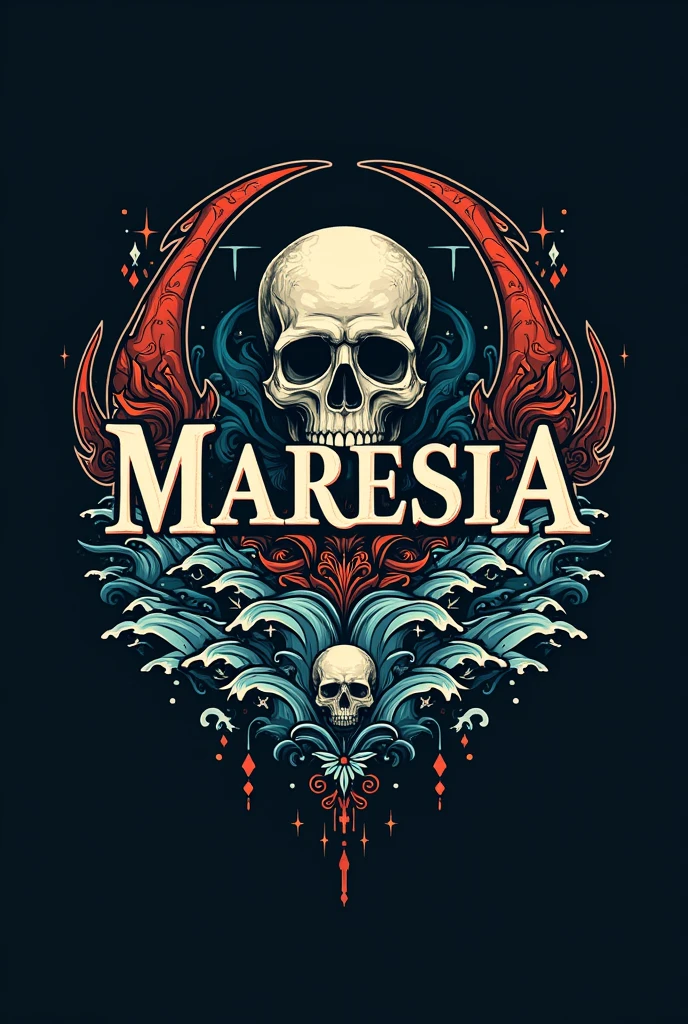Create a logo for a band called Maresia with waves and skulls with an oriental feel and that has the band's name in the logo