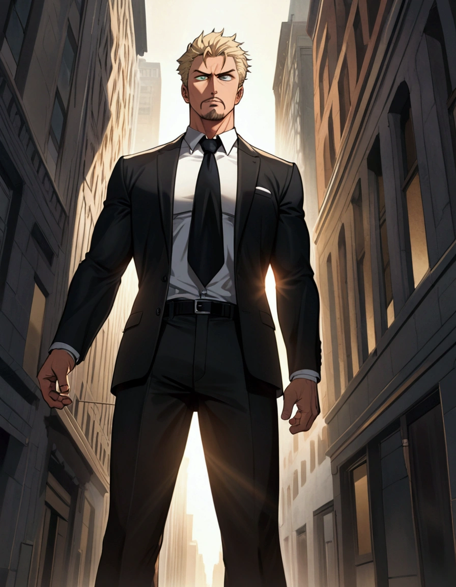 1man, veteran spy agent, tough mature, business hair with short asymmetrical bangs, little goatee, green platina blond hair, emerald eyes, BREAK 40yo, charming caucasian, slightly long chiseled face, deep set, angular jaw, facial wrinkles, crewcut, BREAK ideal ratio body proportions, toned muscular, beautiful detailed eyes, elder hero, best eyes, bara male, BREAK solo, funeral black suit, black necktie, white shirt, at wall street, detailed background, gloom, cool expression, natural standing, looking away, BREAK upperlegs, dramatic expression, in korean illustration style, masculine comic art, 2010s, retro visual novel, in persona style, dutch angle, cinematic shadows, cinematic lighting, lens flare, light leaks, texture, absurdres absolutely resolution, extreme all detailed, greatest painting, BREAK masterpiece, best quality