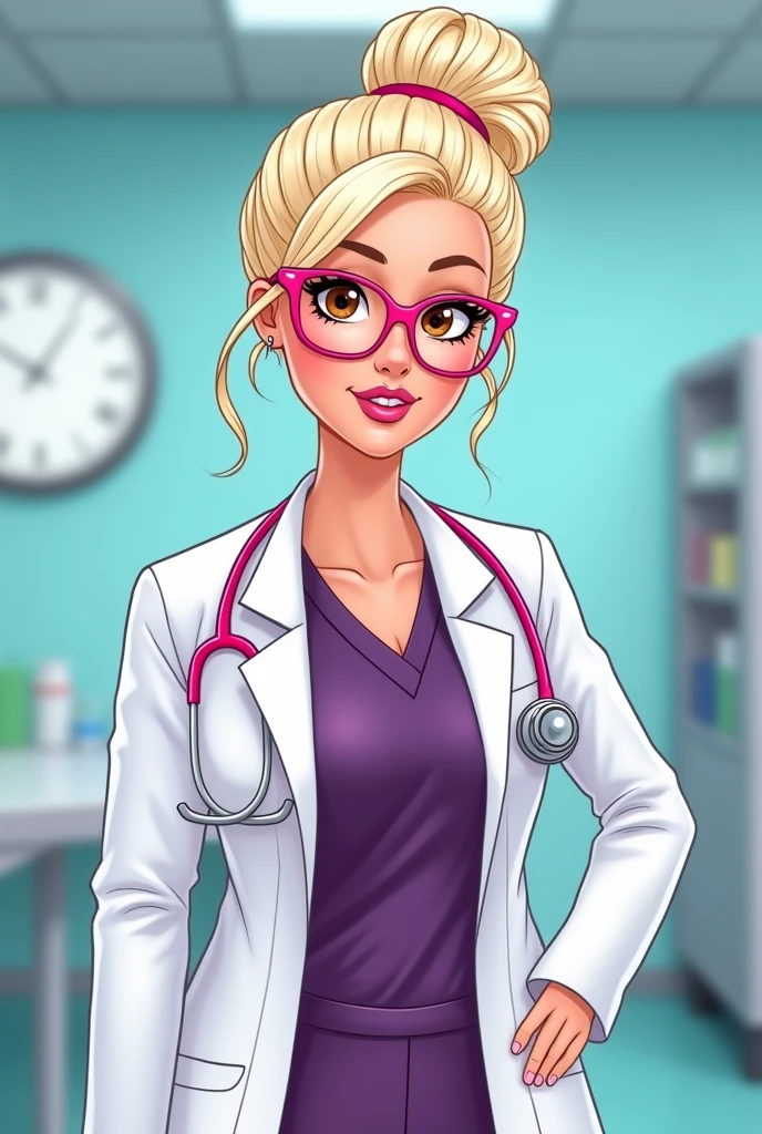 Barbie cartoon style, intimidating look, brown eyes ,round face ,female doctor with pearly blonde hair ,combed a bun with, White coat, a dark purple medical pajama ,pink thin frame glasses ,