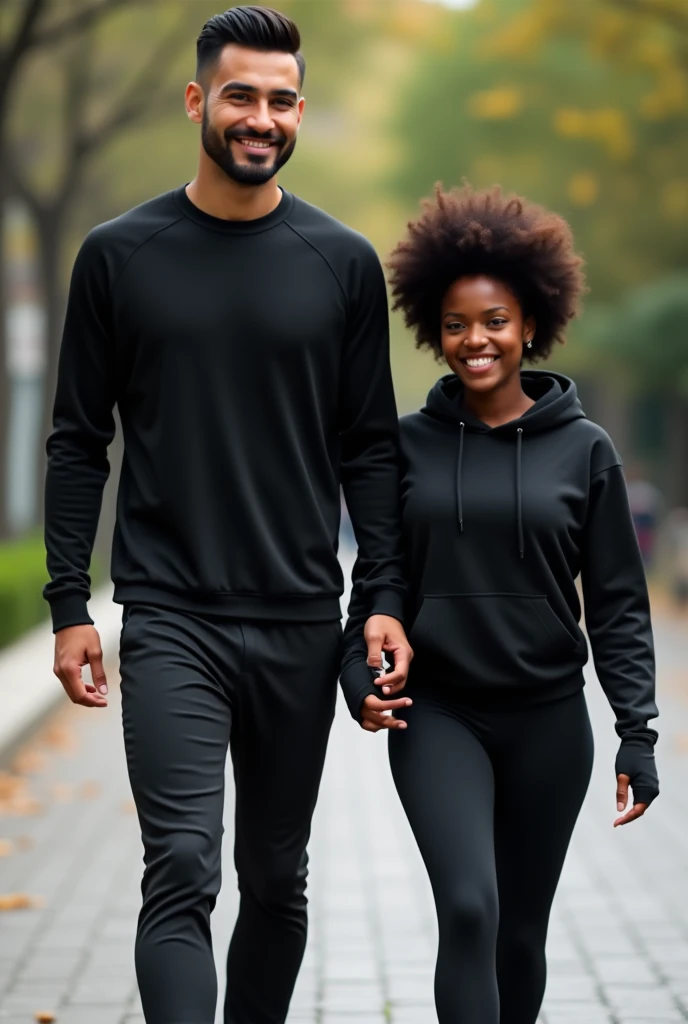 A man of 1,80 tall, brunette skin, barba, straight hair and striking eyebrows dressed in black and a woman of 1,70, skin black, curly hair, smile and look dressed in black taking a walk in gym clothes 