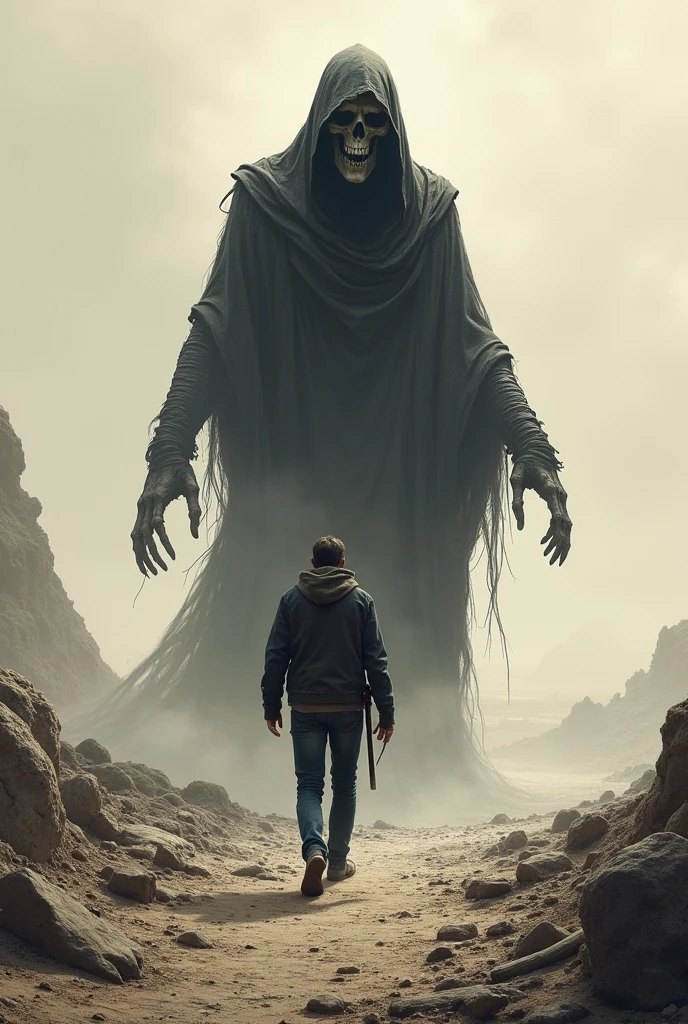 "The man lonely walking in deadland seeking hope but nothing seem to be found, just pure silent and left body, at thst moment a reaper holding him from behind whispering "it time""