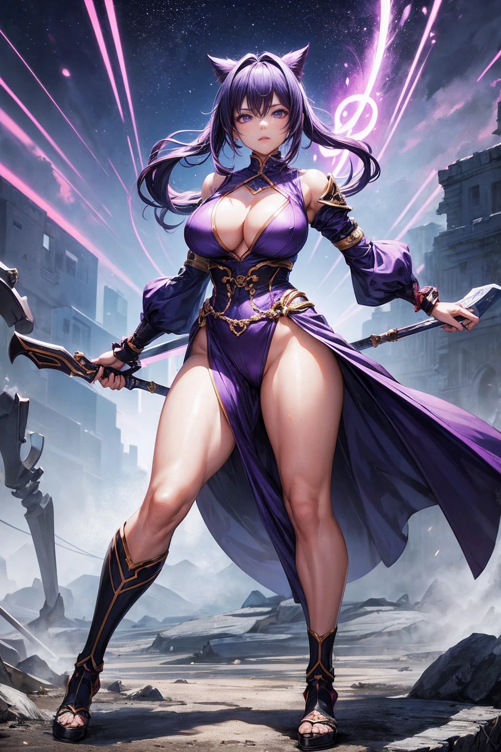 (((Highest quality)))(((Best Image)))(((anatomy)))外見は20代のwoman,Random hair color ,Random hairstyle,Wearing a kunoichi outfit,Extreme costumes(((Appearance)))The shape is humanoid,Random Face(Beautiful Face),,Huge ,Tight waist,Wearing randomly colored armor(((Features)))Eye color is random,Personality is random,Attractive figure(((arms)))He is carrying a weapon that resembles a purple glowing object..Possess modern weapons.(((woman)))The skeleton is human-like,Huge breastswaist,fogのようなガス状のもので纏っている(((background)))Barren Land,dead tree,fog,Chaotic world(((Standing posture)))ランダムなStanding postureをしている,mysterious,lovely,Highest quality((Full Body Shot))