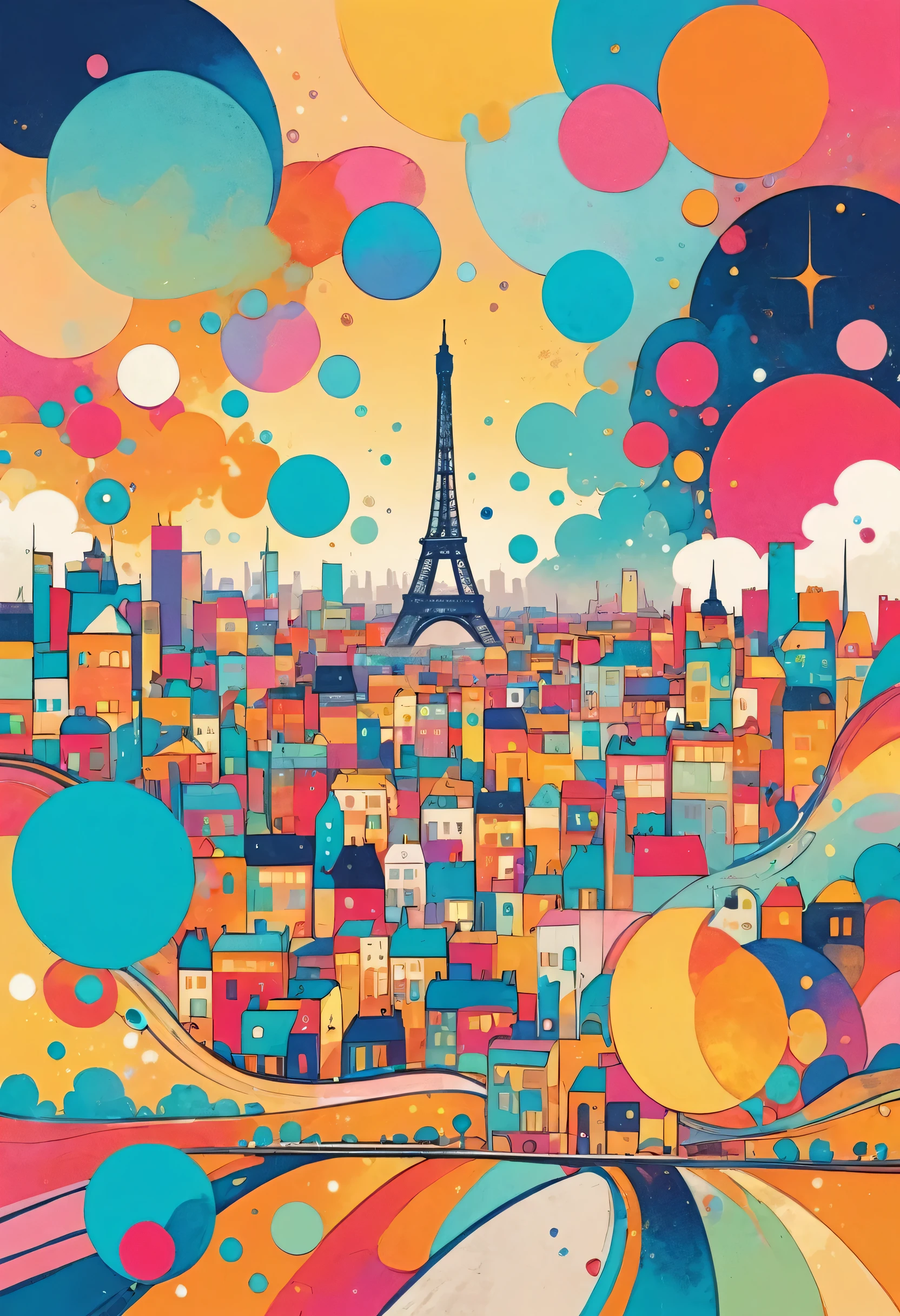 Seizo Watase colorful style, Simple Line Initialism,Abstract art,(((Paris cityscape))), (((No people)))